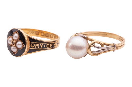 Lot 6 - A mourning ring and a cultured pearl ring; the...