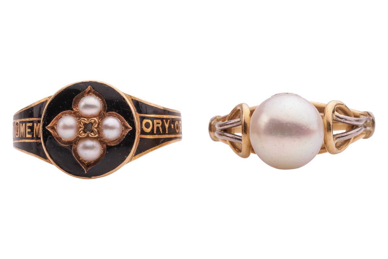 Lot 6 - A mourning ring and a cultured pearl ring; the...