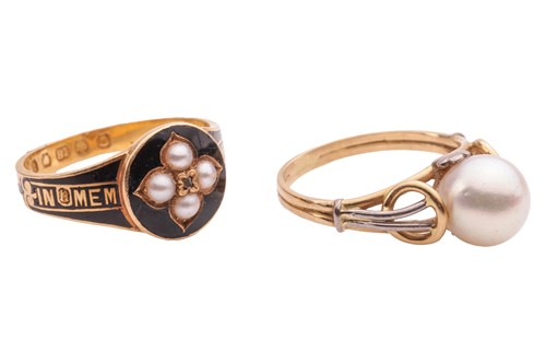 Lot 6 - A mourning ring and a cultured pearl ring; the...