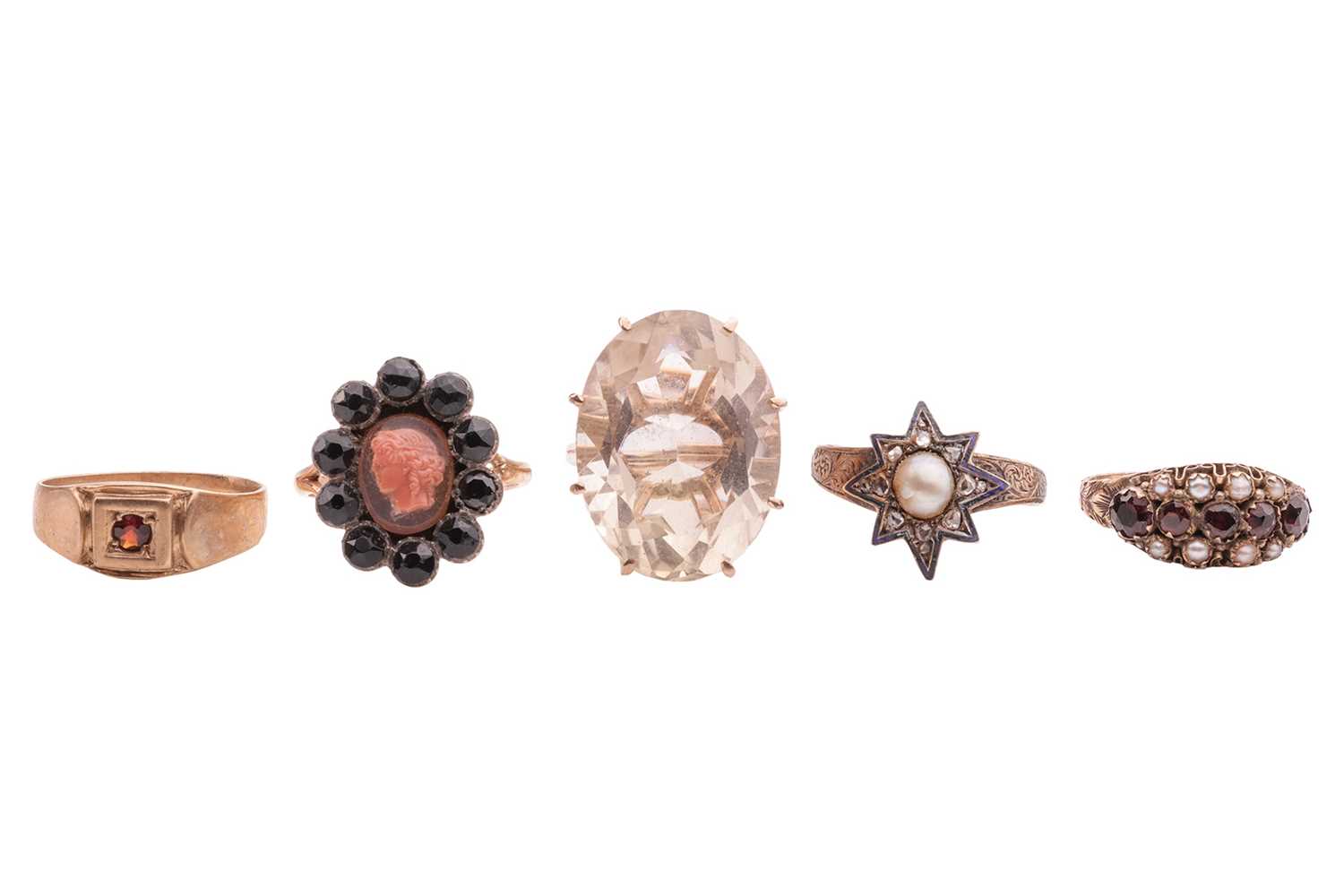 Lot 34 - A group of five gem-set dress rings, in yellow...