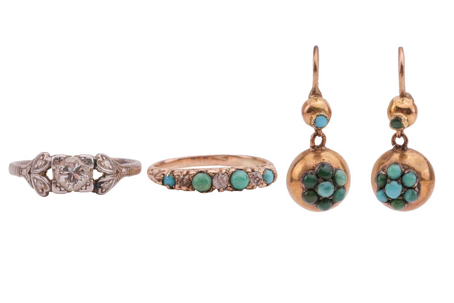Lot 27 - Two gem-set rings and a pair of drop earrings;...