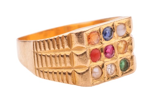 Lot 73 - A nine-stone Navaratna ring in 22ct yellow...
