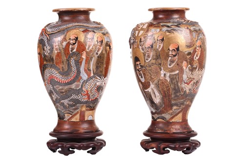Lot 52 - A pair of Japanese satsuma baluster vases,...