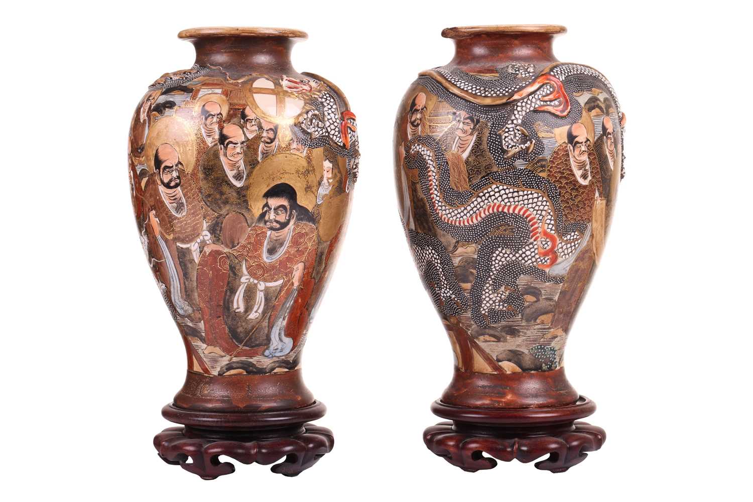 Lot 52 - A pair of Japanese satsuma baluster vases,...