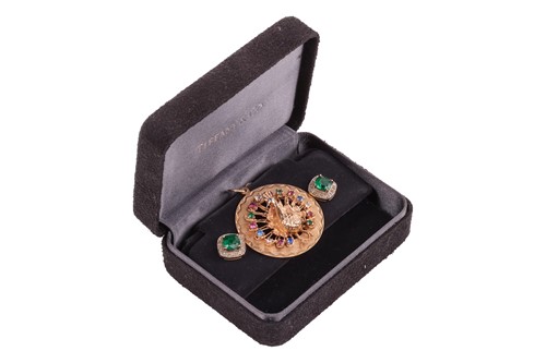 Lot 24 - A peacock pendant and a pair of synthetic...