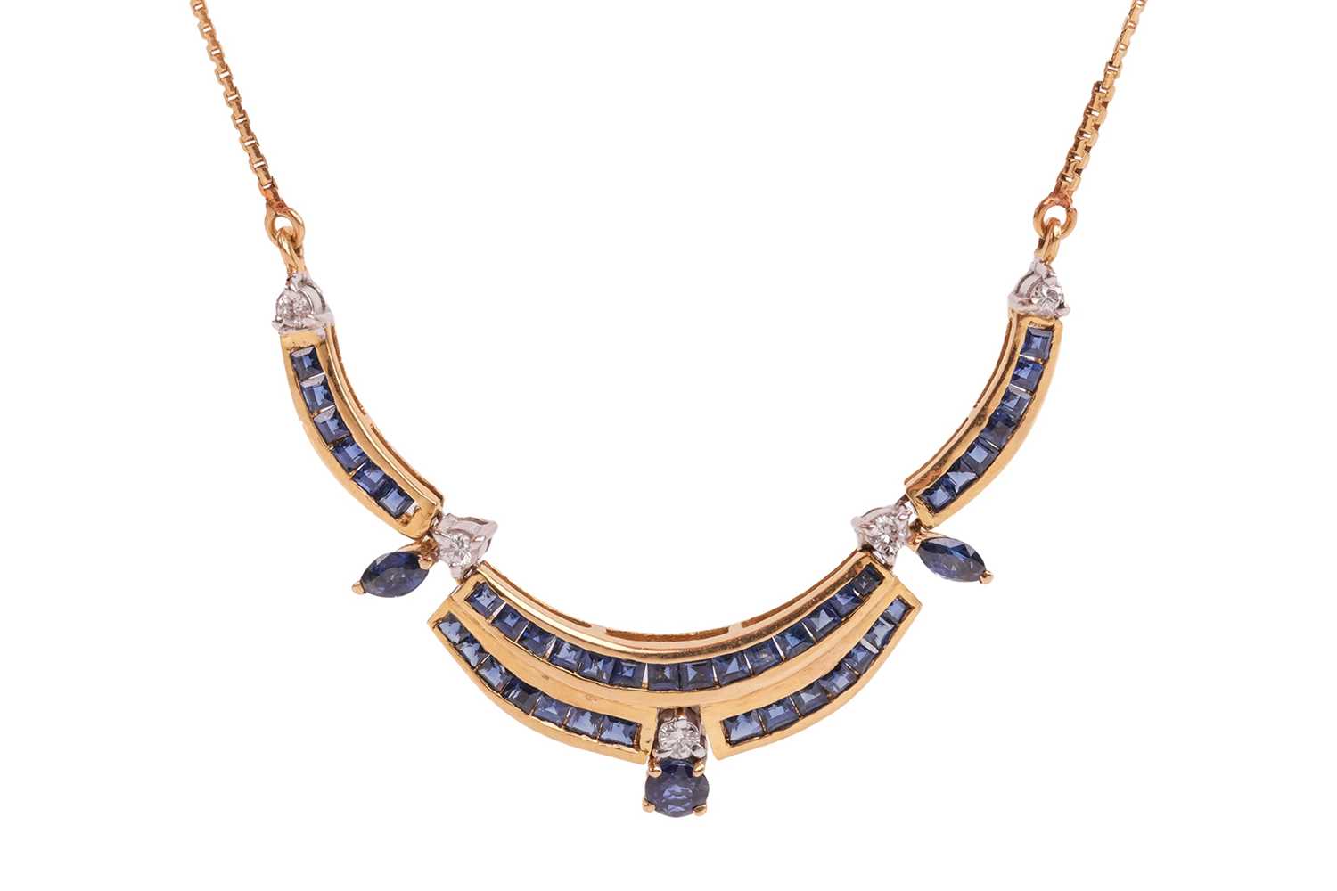 Lot 18 - A sapphire and diamond-set necklace, of curved...