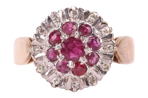 Lot 110 - A 9ct gold ruby and diamond cluster ring...