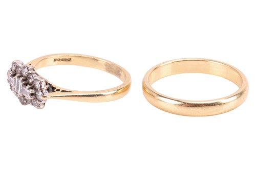 Lot 25 - An 18ct diamond cluster ring and wedding band;...