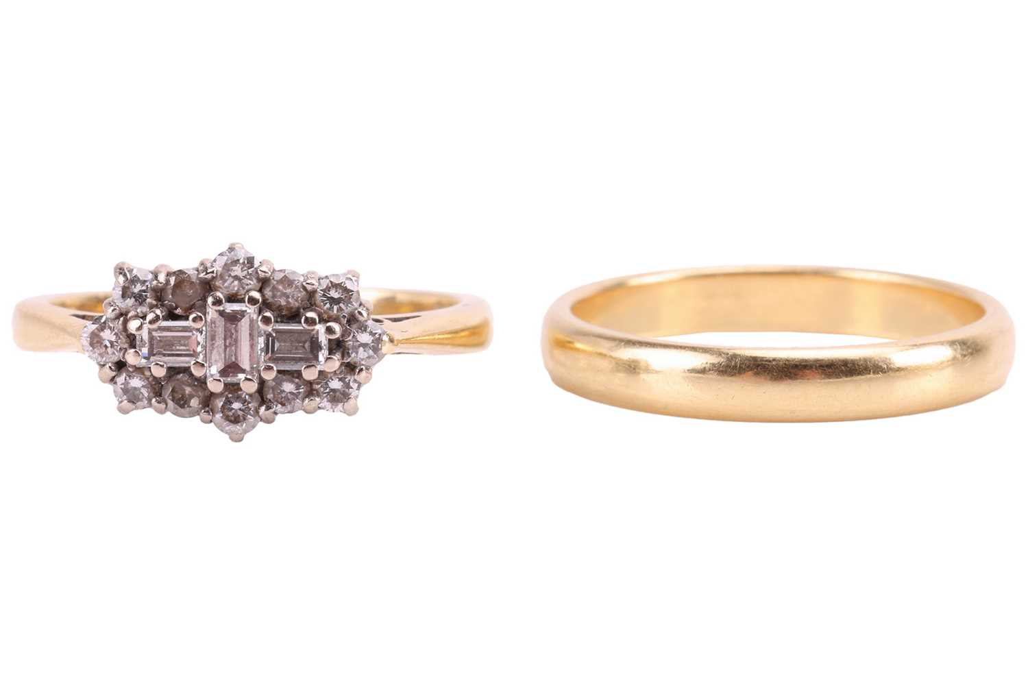 Lot 25 - An 18ct diamond cluster ring and wedding band;...