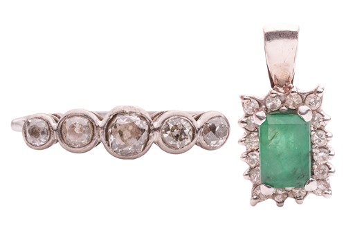 Lot 129 - A five-stone diamond ring and an emerald and...
