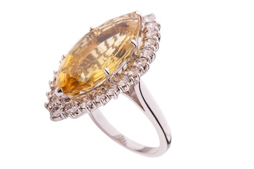 Lot 108 - A heliodor and diamond halo ring, centred with...