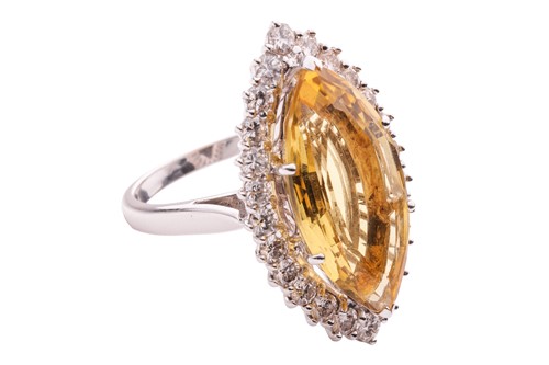 Lot 108 - A heliodor and diamond halo ring, centred with...