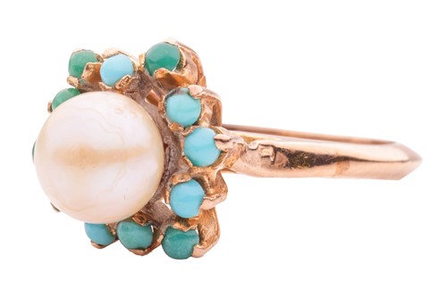 Lot 87 - A turquoise and cultured pearl dress ring, of...
