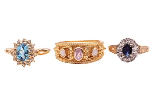 Lot 64 - Three gem-set rings in 9ct gold; the first...