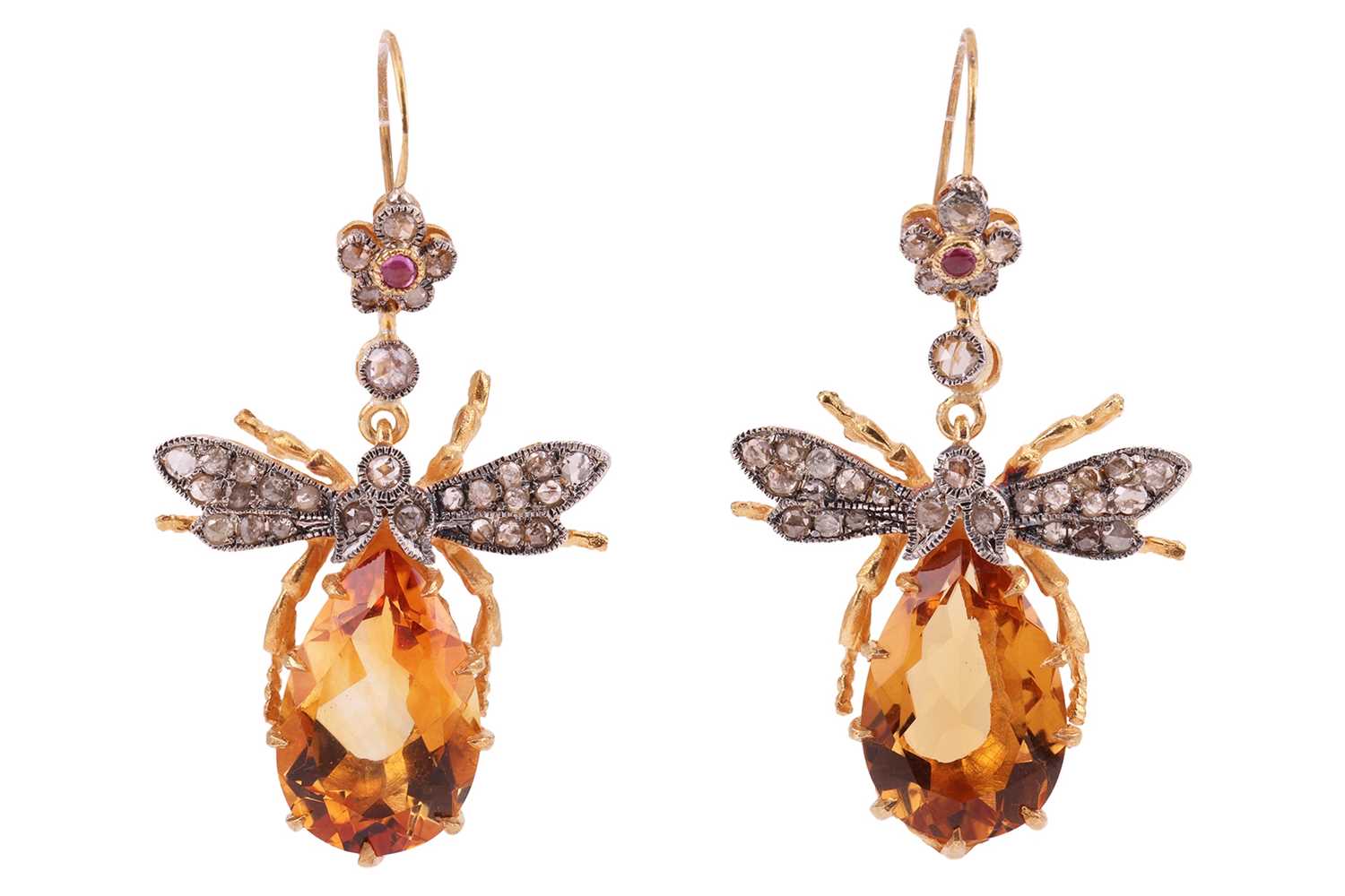 Lot 131 - A pair of bee pendant earrings set with...