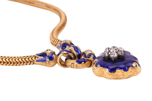 Lot 101 - A mid-Victorian diamond-set blue enamel heart...