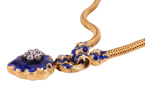 Lot 101 - A mid-Victorian diamond-set blue enamel heart...