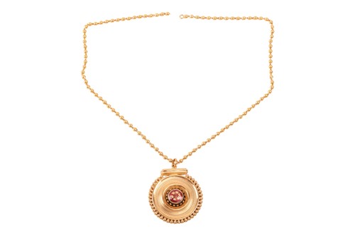 Lot 39 - An enamel disc pendant on chain, the roundel...