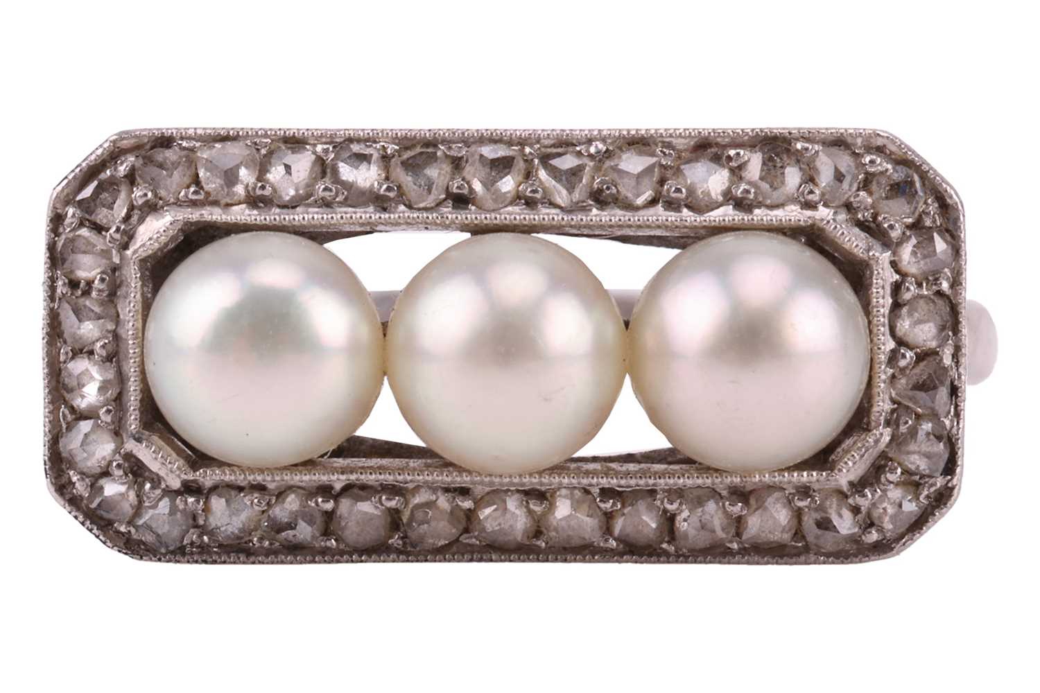 Lot 63 - An early 20th Century pearl trilogy ring; the...