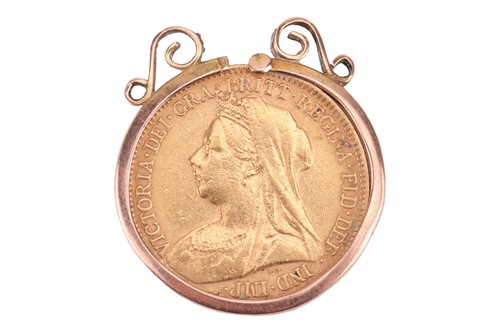 Lot 36 - A 1900 Victoria half sovereign, in a scrolled...