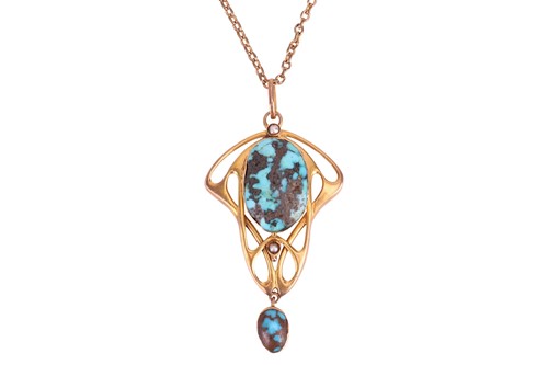 Lot An Arts and Crafts turquoise-set pendant on...