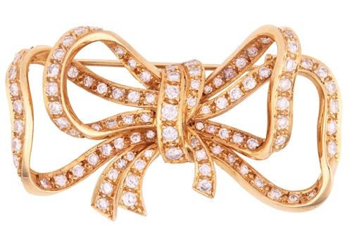 Lot A diamond-set brooch, of stylised bow design,...