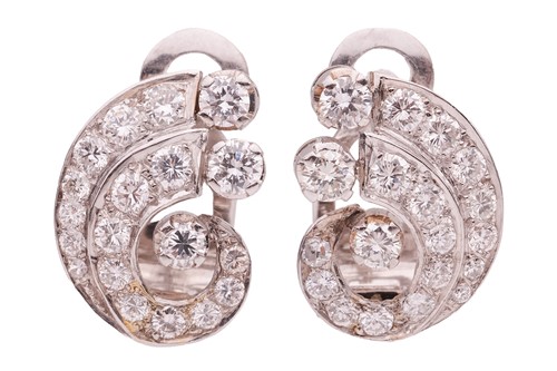 Lot A pair of diamond-set earrings of scroll...