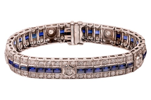 Lot A synthetic sapphire and diamond line bracelet,...
