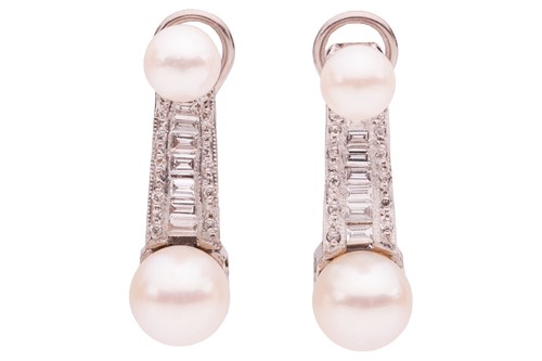 Lot A pair of pearl and diamond-set earrings, each...