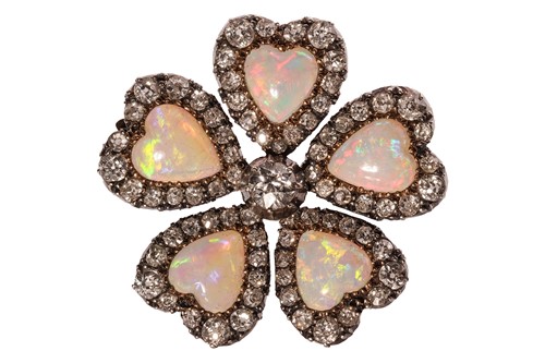 Lot A late Victorian opal and diamond pansy brooch,...