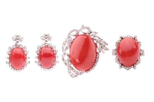 Lot A precious coral pendant, earring and ring...
