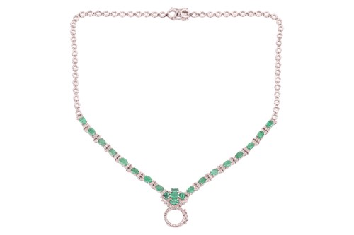 Lot A necklace set with emerald and diamond,...