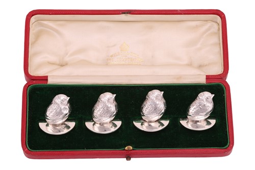 Lot 317 - A set of four Edwardian novelty silver chick...