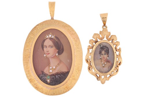 Lot 64 - Two portrait miniature pendants in 18ct gold;...