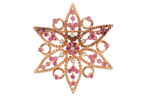 Lot 186 - A floral brooch set with ruby and diamond, of...