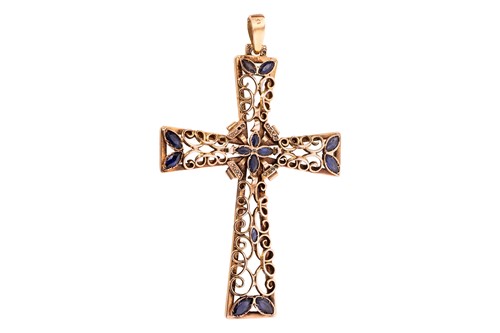 Lot 191 - A gem-set cross pendant of scrollwork design,...