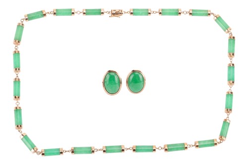 Lot 13 - A jade link necklace and a pair of earrings;...