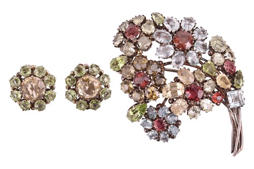 Lot 44 - A multi-gem floral spray brooch and a pair of...