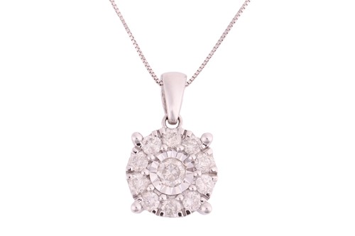 Lot 70 - A diamond halo pendant on chain, with an...