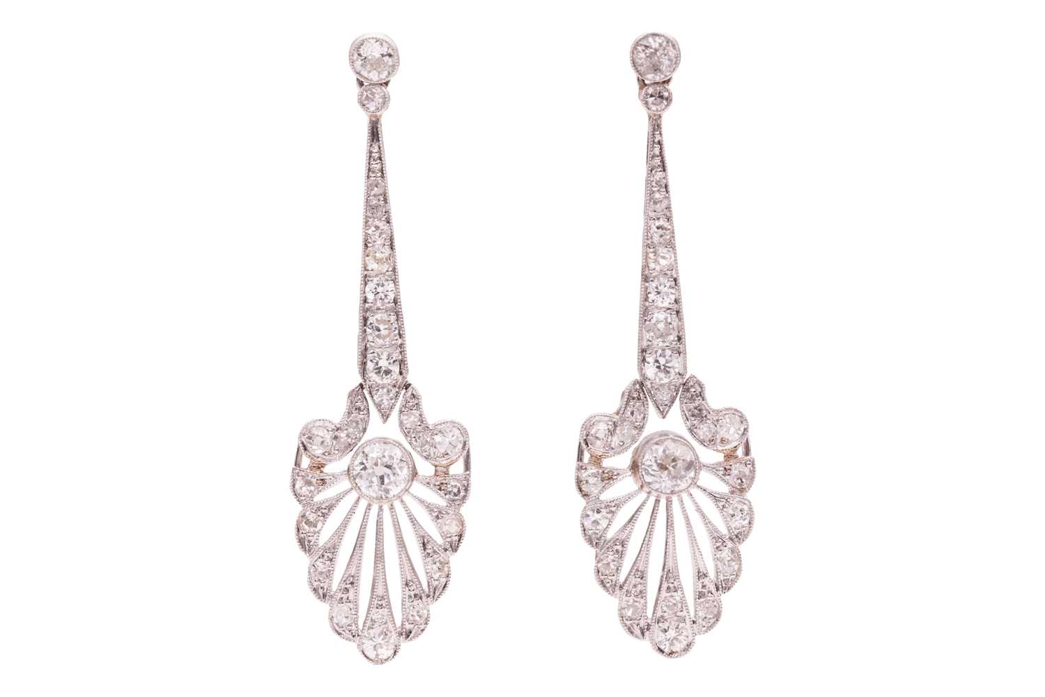 Lot 234 - A pair of Belle Epoque diamond-set pendant...