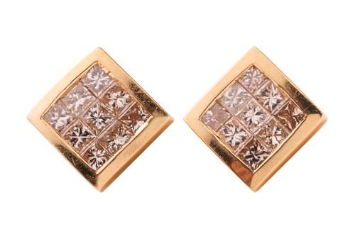 Lot 158 - A pair of princess-cut diamond cluster stud...