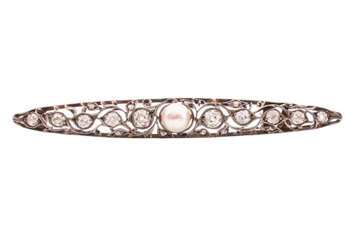 Lot 221 - An Edwardian pearl and old-cut diamond bar...
