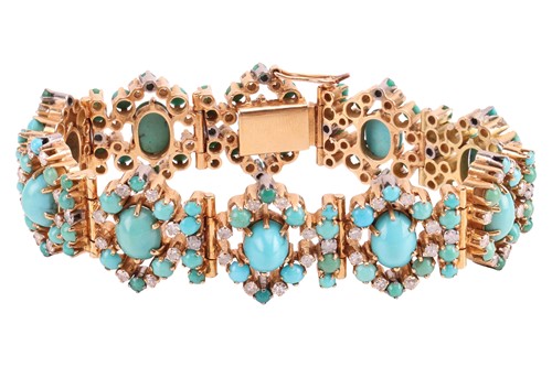 Lot 104 - A turquoise and diamond cluster bracelet, each...