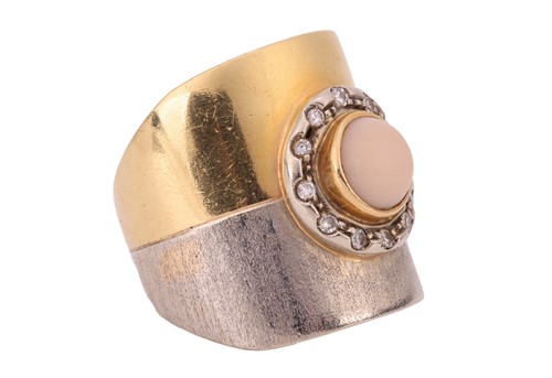 Lot 12 - A pink coral cabochon and diamond dress ring,...