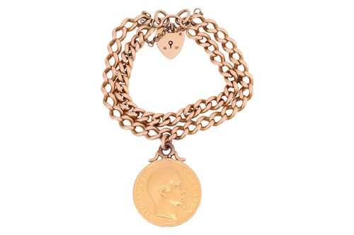 Lot A 9ct gold bracelet with coin charm, two rows...