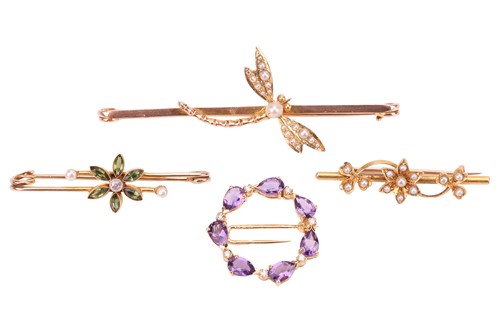 Lot 32 - Four gem-set brooches; to include a dragonfly...