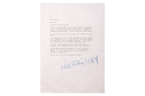 Lot The Smiths: A typed letter, hand-signed by...