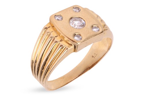 Lot A diamond-set panel ring, the cushion-shaped...