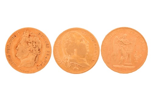 Lot 129 - Three French Gold twenty Franc pieces,...