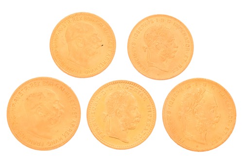 Lot 148 - A collection of five Austrian gold coins,...